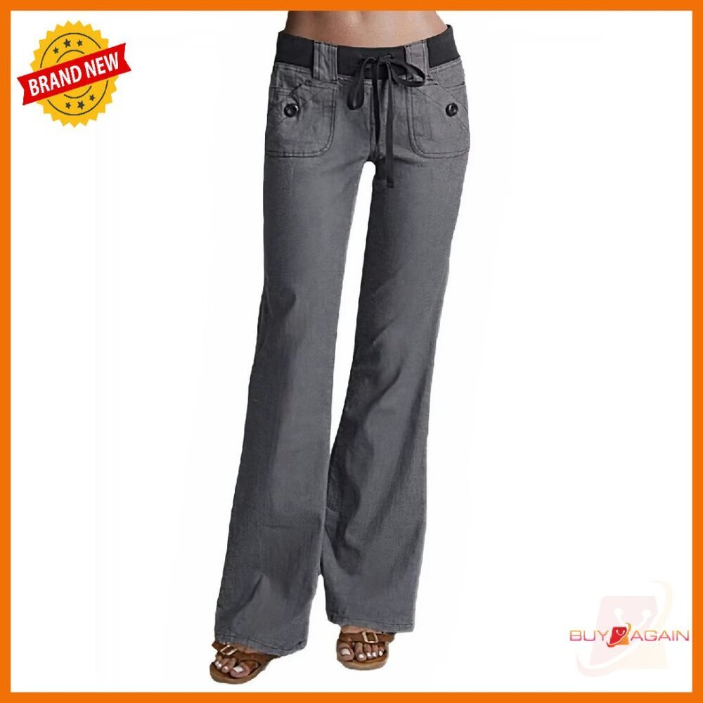 Low Rise Cargo Wide Leg Pants Drawstring Waist Linen Casual Flare